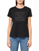 DKNY Women's Short Sleeve V-Neck Mesh Ruched Knit Top, Black/Black, Medium